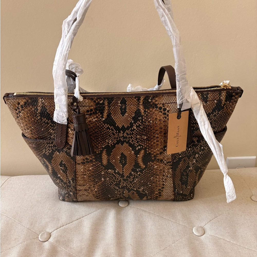 Cole Haan Tan and Brown Snake Print Tote NWOT!!!